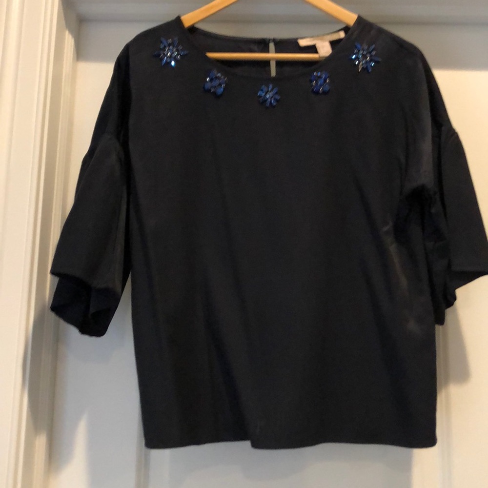 Jewellled navy blue flowy top